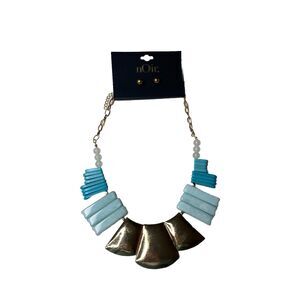 Noir Concho Turquoise White Choker Necklace & Gold Round Earrings Brand New